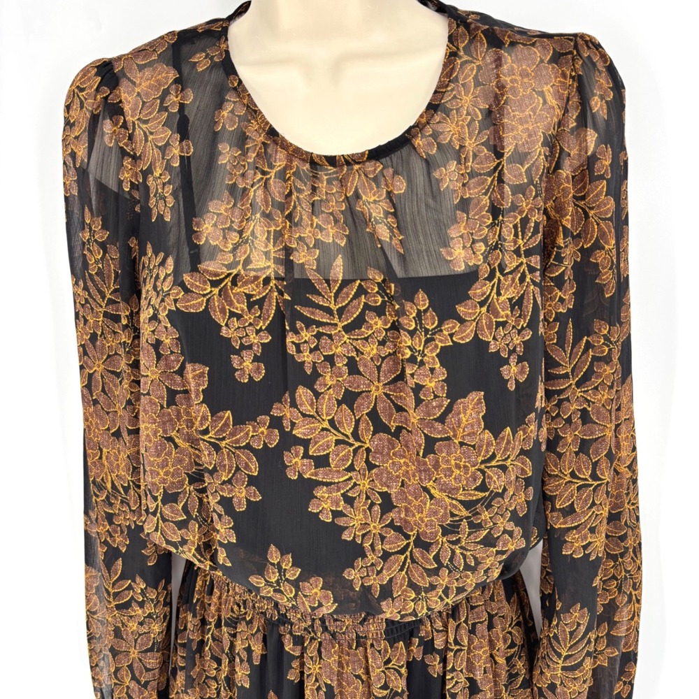 Tommy Hilfiger Women Black Bronze Floral Smocked Waist Chiffon Midi Dress 8